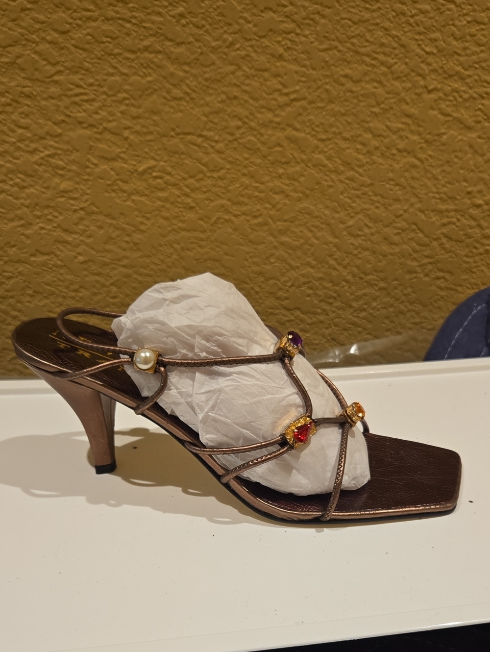 New York Transit Brown Jeweled Strappy Slingback Heels Size 7.5